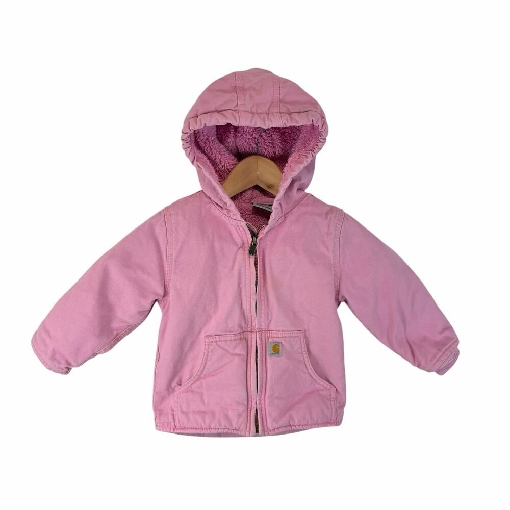 Carhartt Youth Sherpa Lined Canvas Work Jacket Pink Size 3T Hooded Work Utility